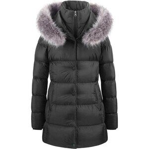 Women's Black Long Snow Puffer Jacket Coat Removable Faux Fur Trim Winter Warm